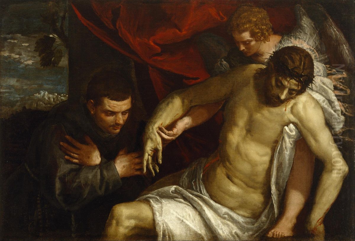 The Dead Christ Supported by an Angel and Adored by a Franciscan Oil Painting by Paolo Veronese (Caliari)