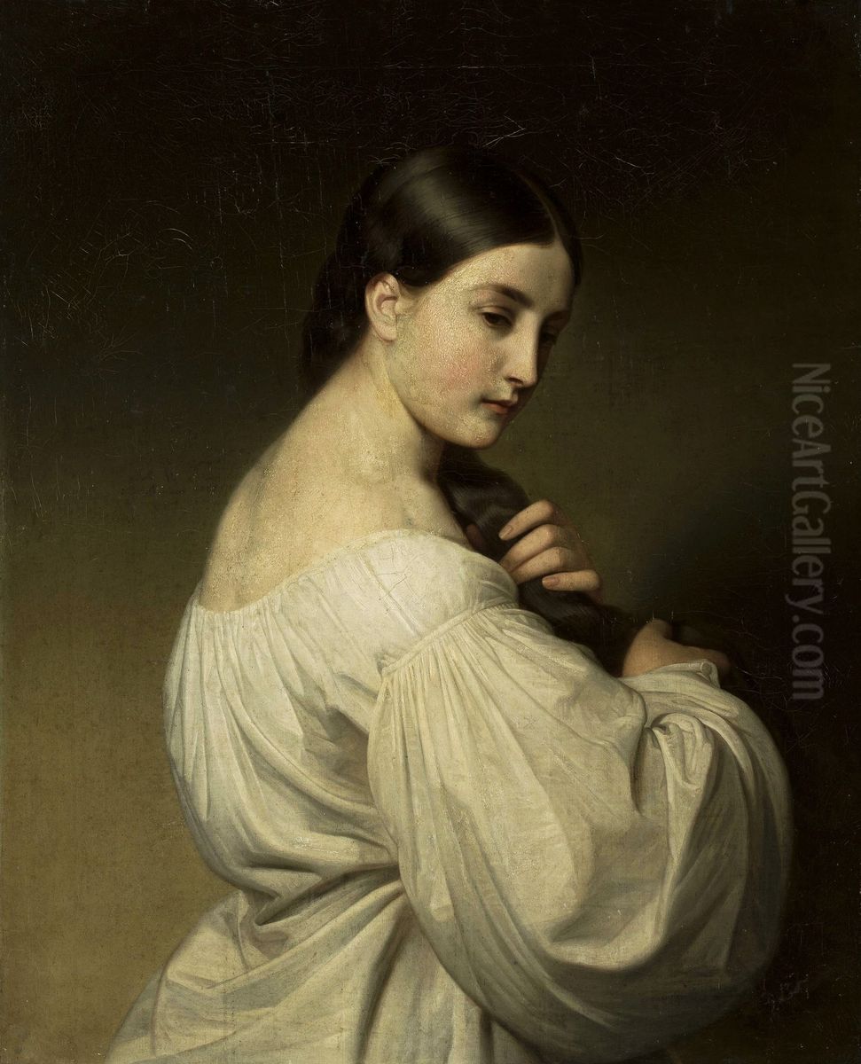 Portrait of a young woman in white. Oil Painting by Friedrich von Amerling