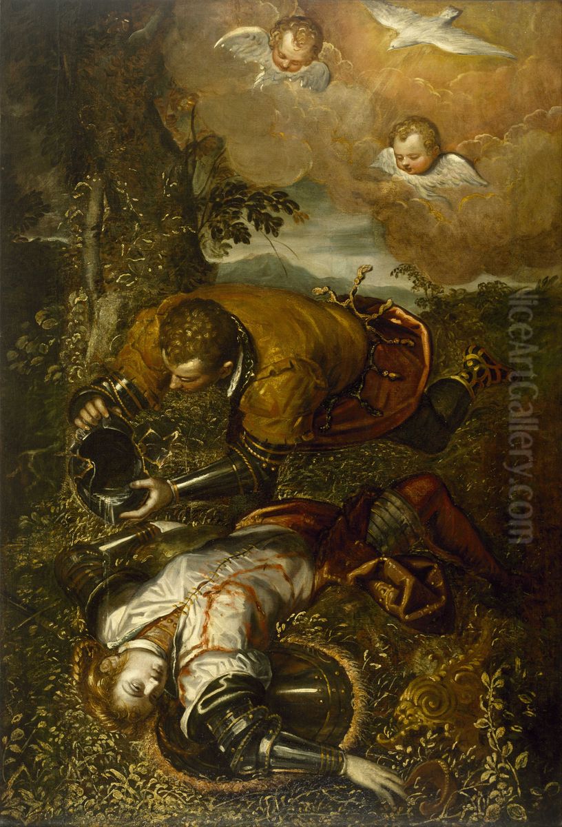 Tancred Baptizing Clorinda Oil Painting by Domenico Tintoretto