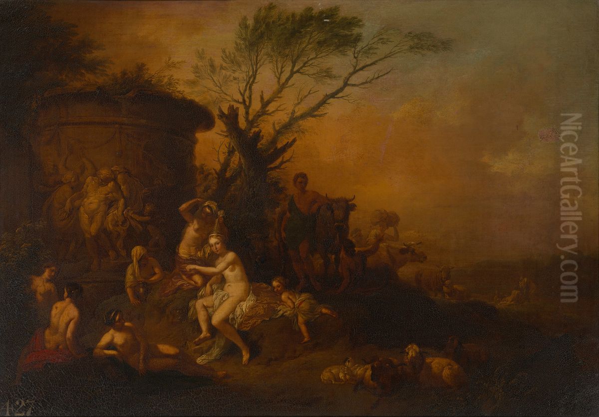 Nymphs Bathing Oil Painting by Christian Wilhelm Ernst Dietrich