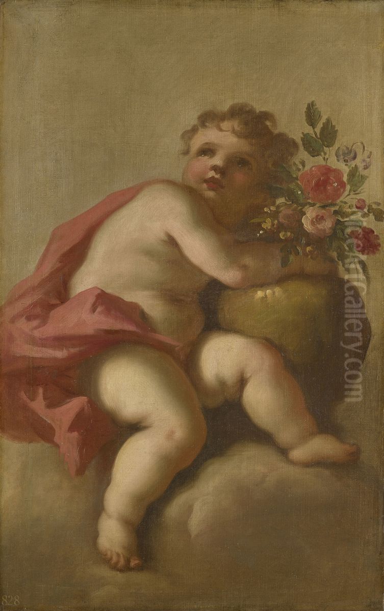 Putto with a Vase of Flowers Oil Painting by Giovanni Antonio Pellegrini