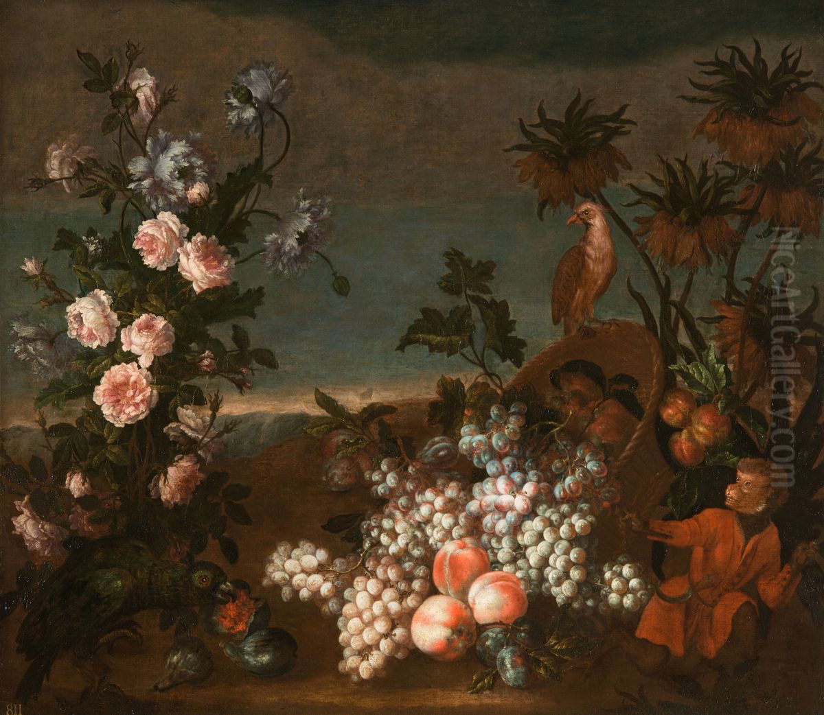 Still Life with Monkey, Flowers and Fruit Oil Painting by Jean-Baptiste Monnoyer
