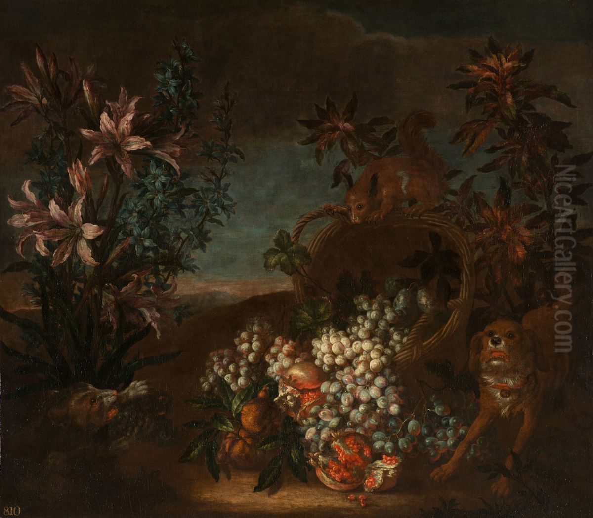 Still Life with Squirrel, Flowers and Fruit in a Landscape Oil Painting by Jean-Baptiste Monnoyer