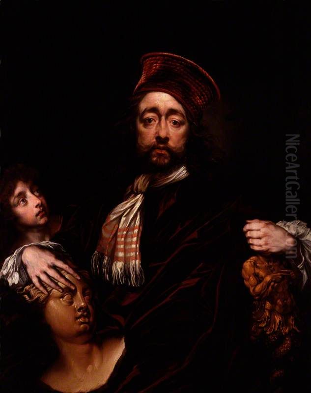 Self portrait with sculptures Oil Painting by Isaac Fuller