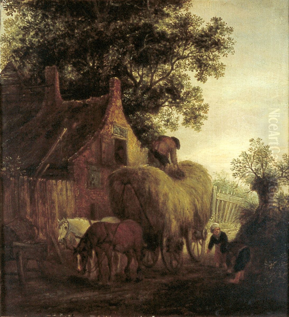 Boeren die een hooiwagen uitladen Oil Painting by Isaac Van Ostade