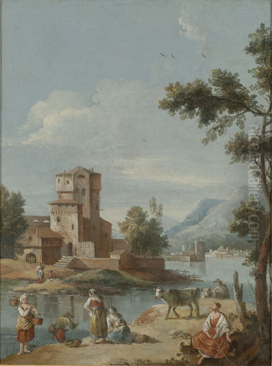 Italian landscape with a lake, figures and animals Oil Painting by Giuseppe Zais