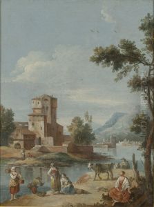 Italian landscape with a lake, figures and animals Italian landscape with a lake, figures and animals