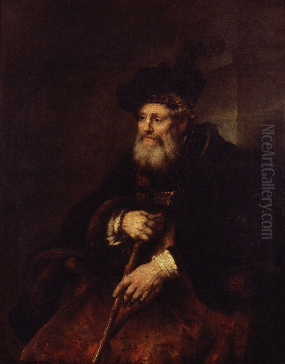 Oude man in een fantasievol kostuum met een stok Oil Painting by Rembrandt