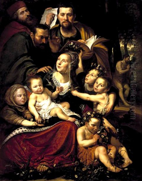 Portrait historie met Prediking van Johannes de Doper Oil Painting by Werner van den Valckert