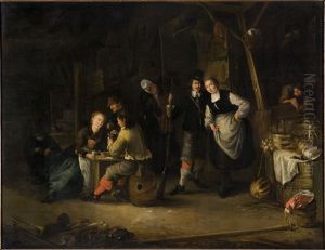Interieur van een herberg met jagers en andere figuren