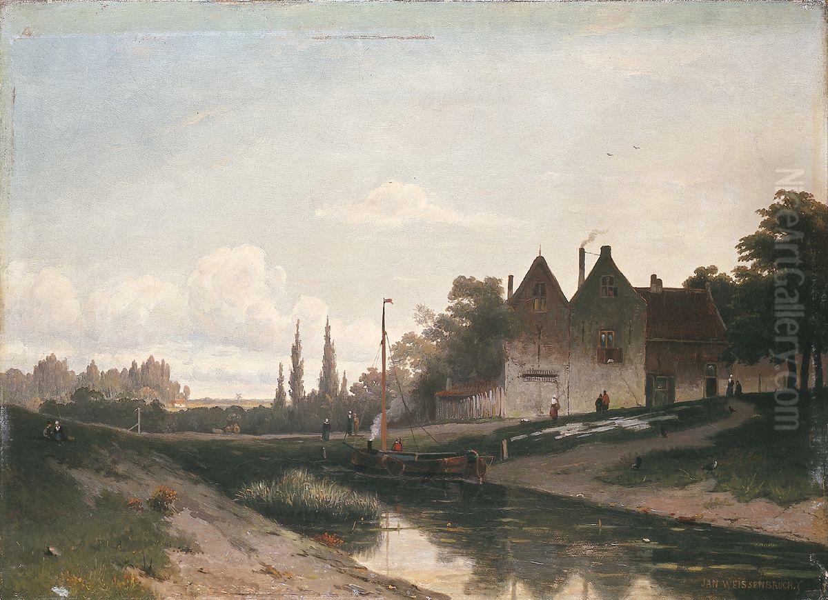 river near village Oil Painting by Jan Weissenbruch