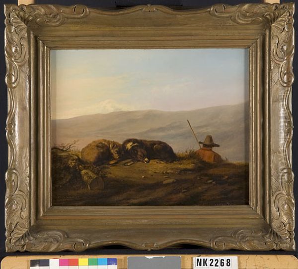shepherd with dog in landscape Oil Painting by Guillaume Anne Van Der Brugghen