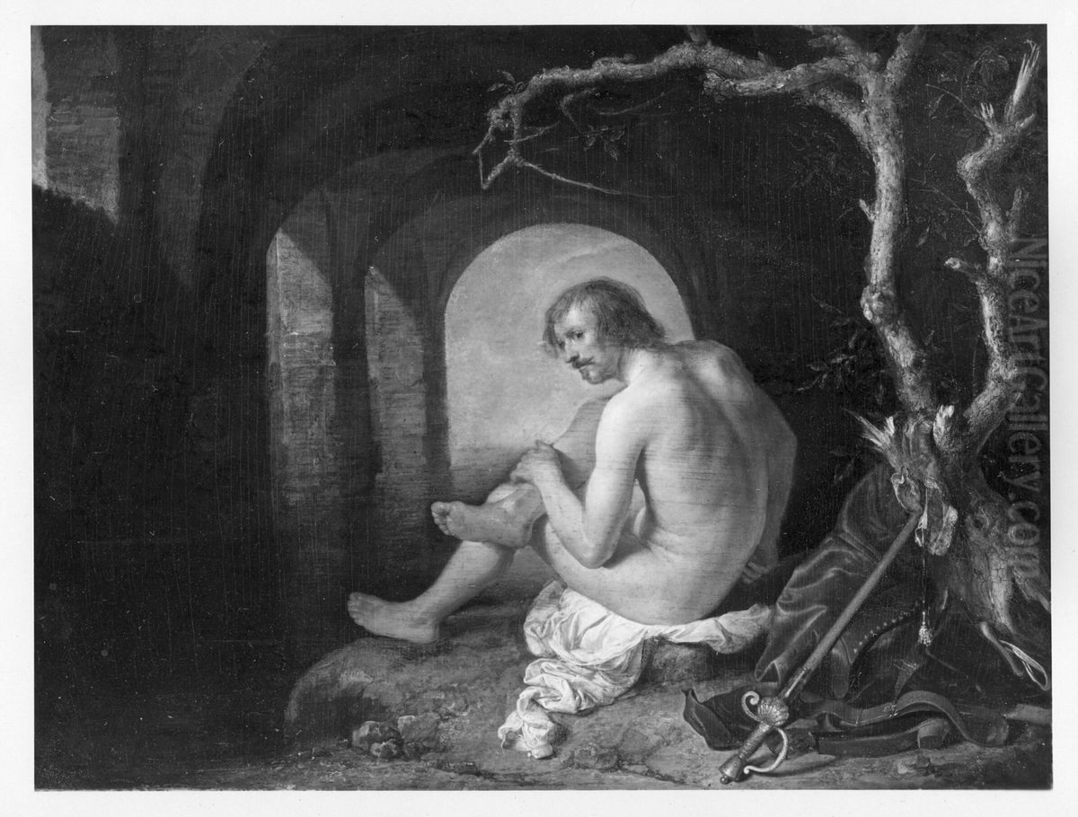 a bathing soldier Oil Painting by Gerrit Dou