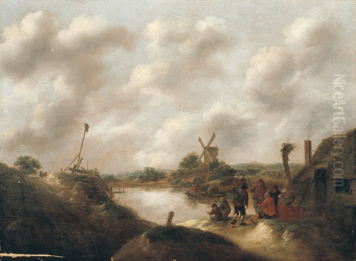 Landschap met boeren aan een rivieroever Oil Painting by Nicolaes Molenaer