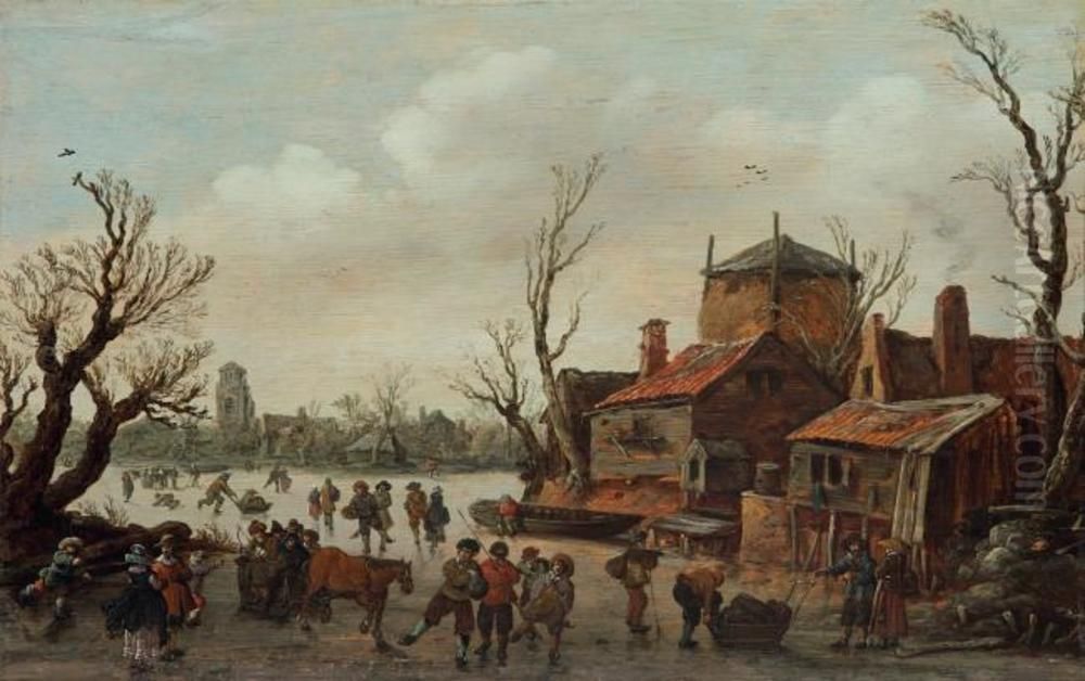Winterlandschaft mit Dorf und Eislaufern Oil Painting by Jan van Goyen