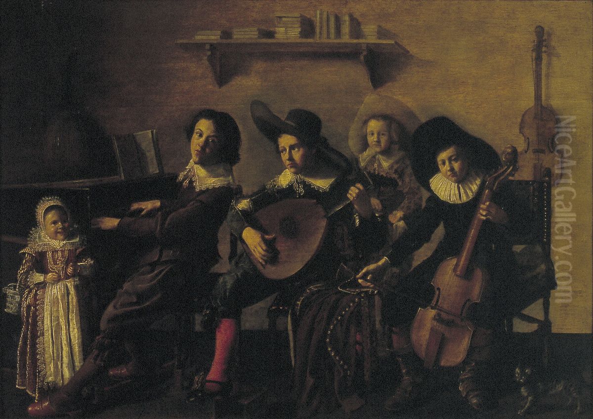 Children playing music in an interior Oil Painting by Jan Miense Molenaer