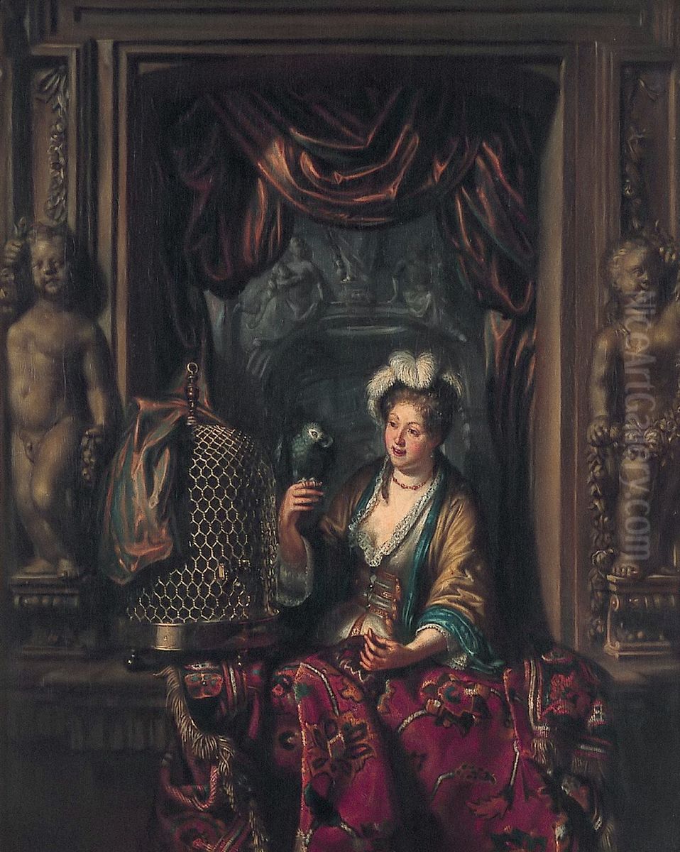 A Young Woman with a Parrot Oil Painting by Matthijs Naiveu