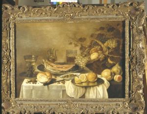Stilleven met zalmmoot en fruitmand