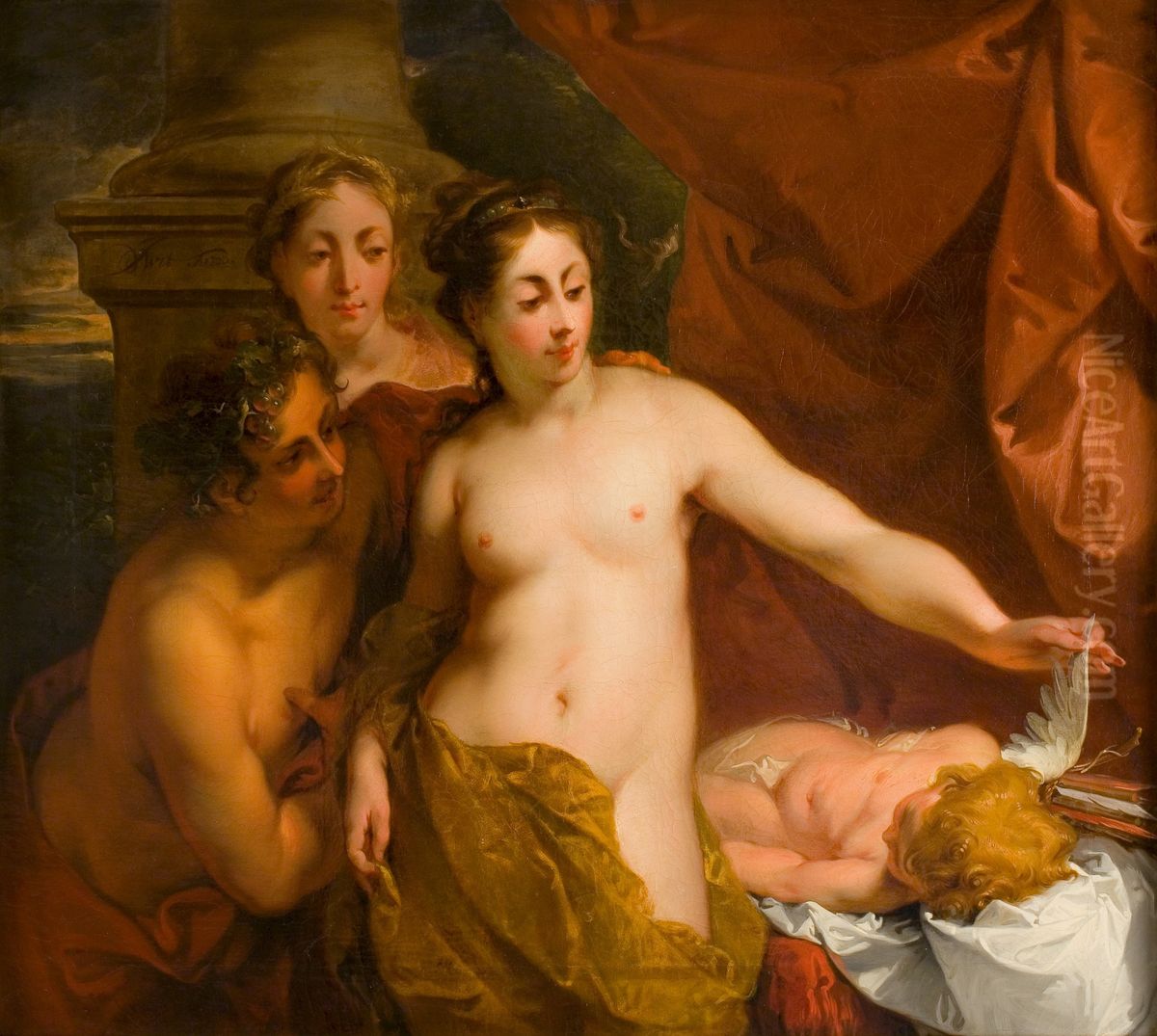 Venus, Bacchus en Ceres met slapende Amor Oil Painting by Jacob de Wit