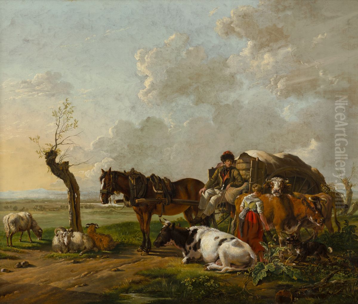 Landscape with a farmgirl and a foreman in conversation Oil Painting by Pieter Gerardus Van Os