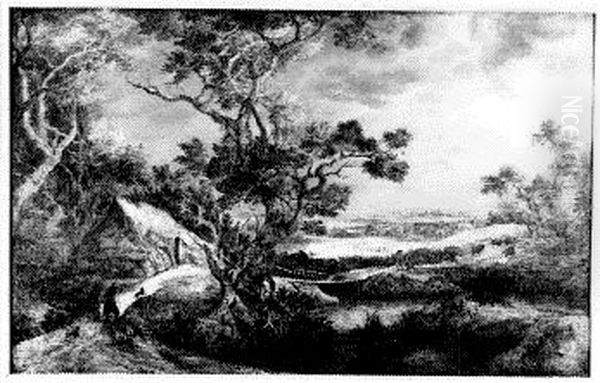 Landschap met boerderij, in de verte een gezicht op een stad Oil Painting by Gillis d'Hondecoeter