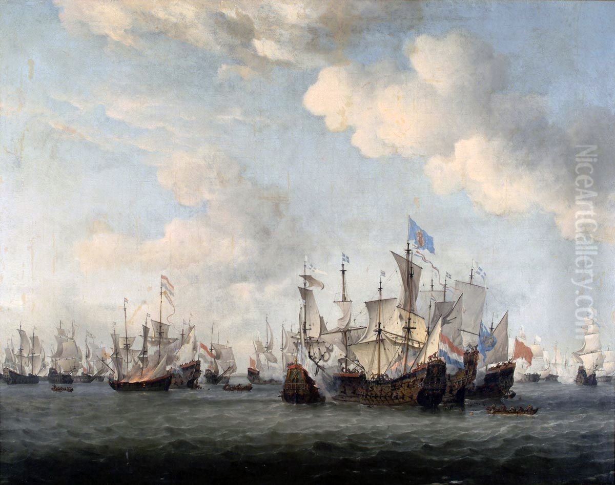 Naval battle between Dutch and French merchant ships.[1] Oil Painting by Willem van de Velde the Younger