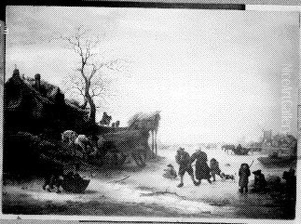 Winter Scene with Figures on an Iced-over Canal Oil Painting by Isaac Van Ostade