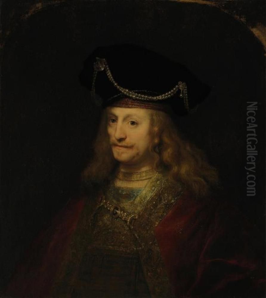 Mannliches Bildnis mit Samtbarett und rotem Mantel Oil Painting by Ferdinand Bol