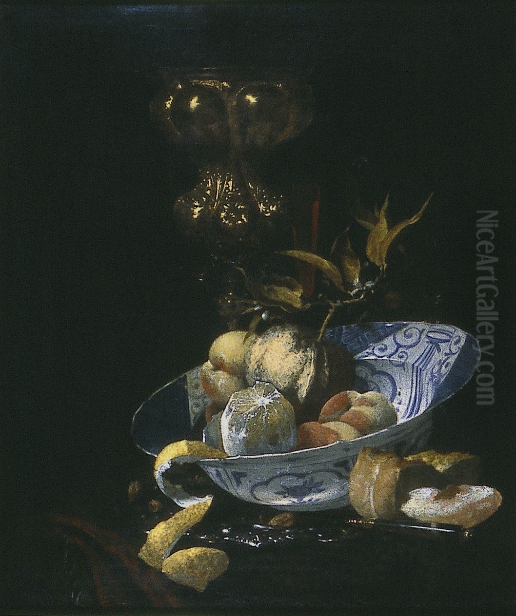 Still life with columbine cup and porcelain bowl with fruit Oil Painting by Willem Kalf