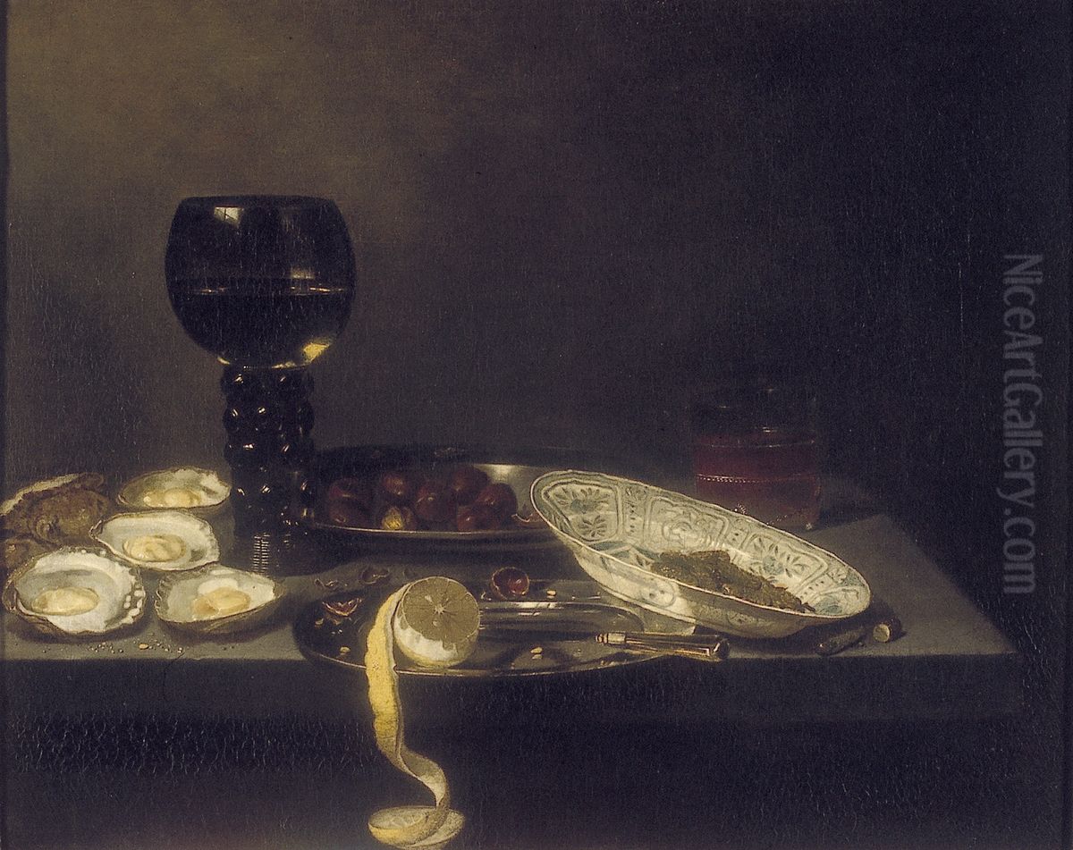 Stilleven met roemer, Chinese schaal en oesters Oil Painting by Jan Jansz van de Velde