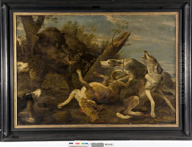 Een wildzwijn aangevallen door honden Oil Painting by Paul de Vos