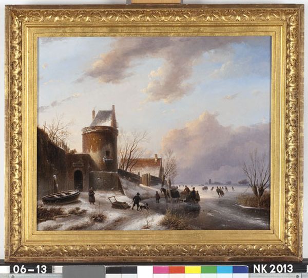Winterlandschap met schaatsers en paardeslee Oil Painting by Andreas Schelfhout