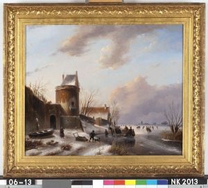 Winterlandschap met schaatsers en paardeslee