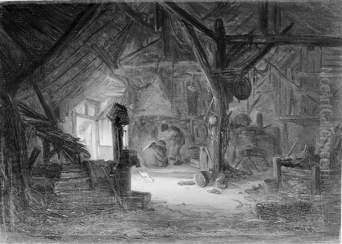 Interieur van een schuur met man en vrouw bij het vuur Oil Painting by Isaac Van Ostade