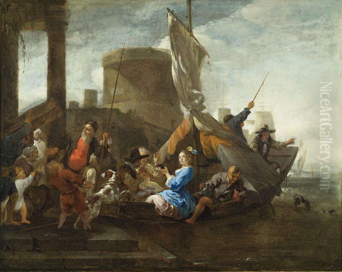 Veerboot met vrolijk gezelschap Oil Painting by Jan Baptist Weenix