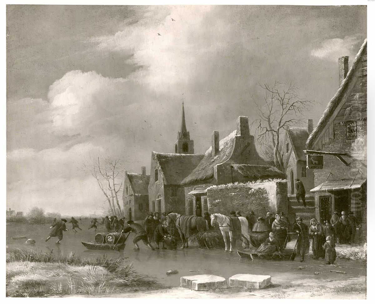 IJstafereel aan de rand van een dorp Oil Painting by Thomas Heeremans