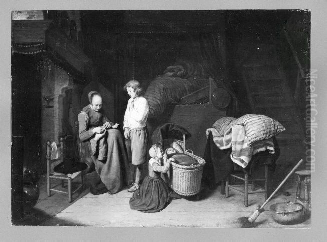 interior with mother and children Oil Painting by Quirijn van Brekelenkam
