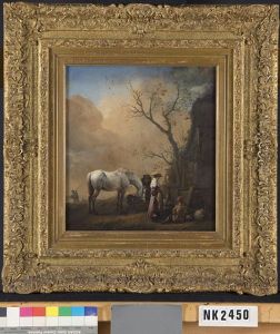 horse + people in front of a house
