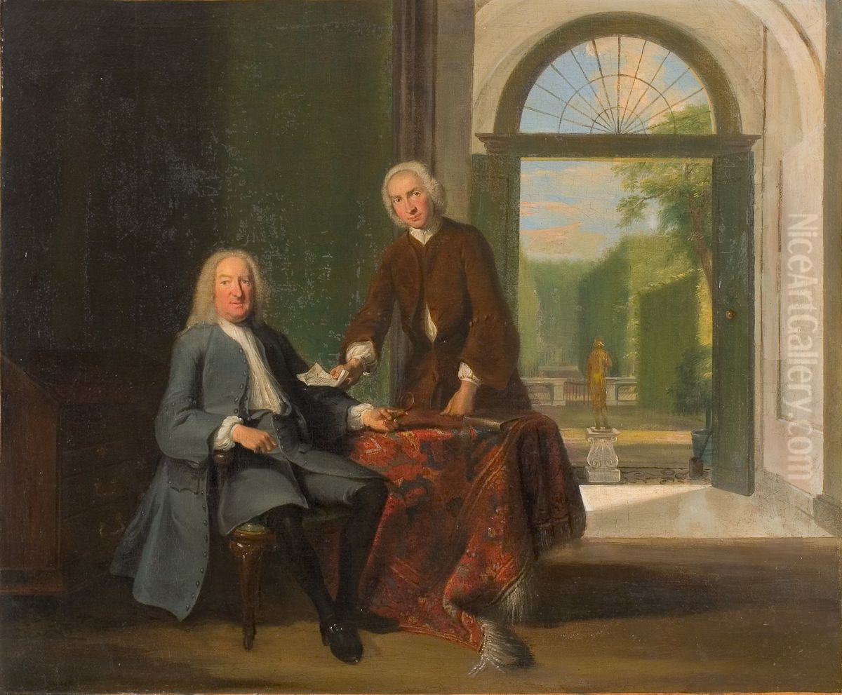 Portret van twee mannen in een interieur Oil Painting by Cornelis Troost
