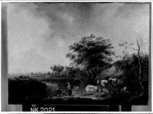Landschap met boerderij, vee en visser