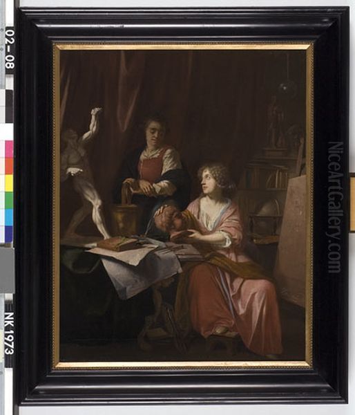 Vrouw en dienstbode in een atelier Oil Painting by Johannes Voorhout