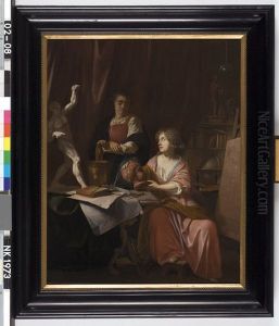 Vrouw en dienstbode in een atelier