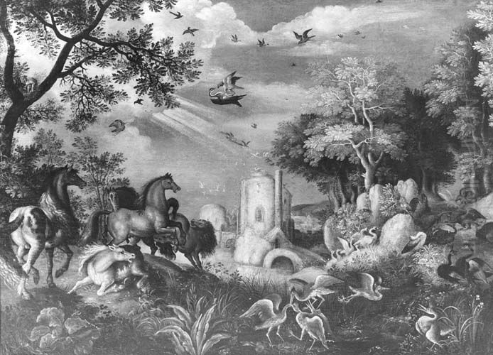 Landschap met vechtende paarden en vogels Oil Painting by Roelant Savery