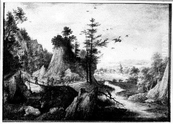 Bergachtig landschap met een dorp in de verte Oil Painting by Gillis d'Hondecoeter