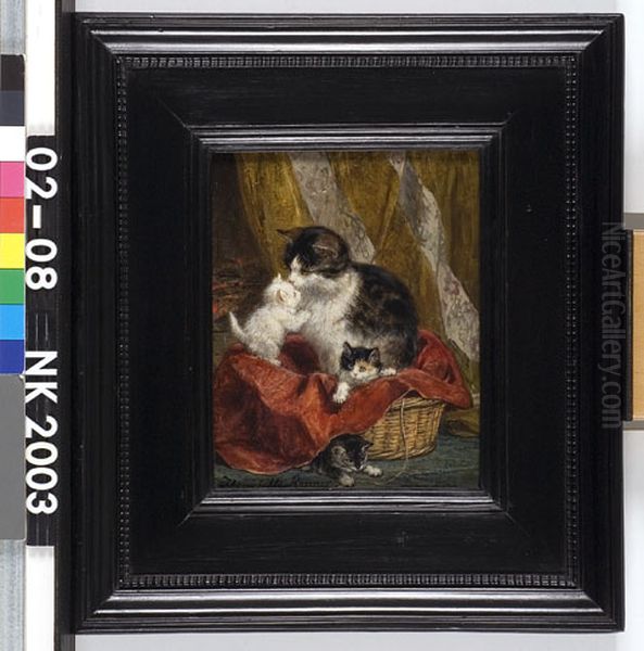 A Cat with Three Kitten Oil Painting by Henriette Ronner-Knip