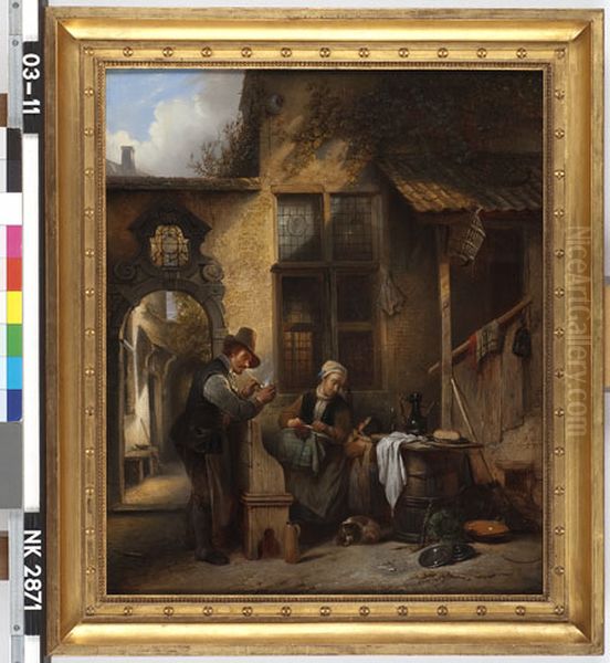 Man, vrouw en kind voor een huis Oil Painting by Jan August Hendrik Leys