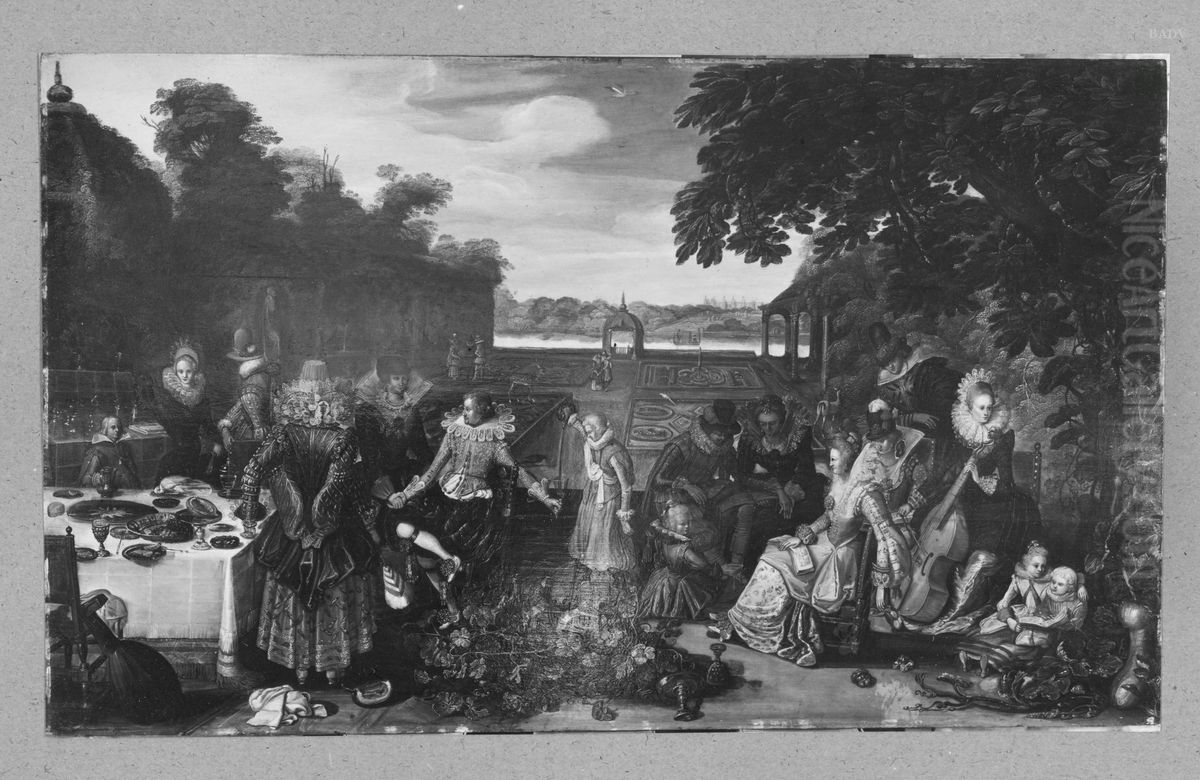 Feest op het terras van een tuin Oil Painting by Esaias Van De Velde