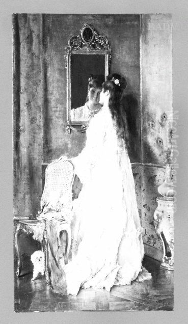 Dame in weisser Toilette mit blauen Bandern vor dem Spiegel Oil Painting by Alfred Stevens