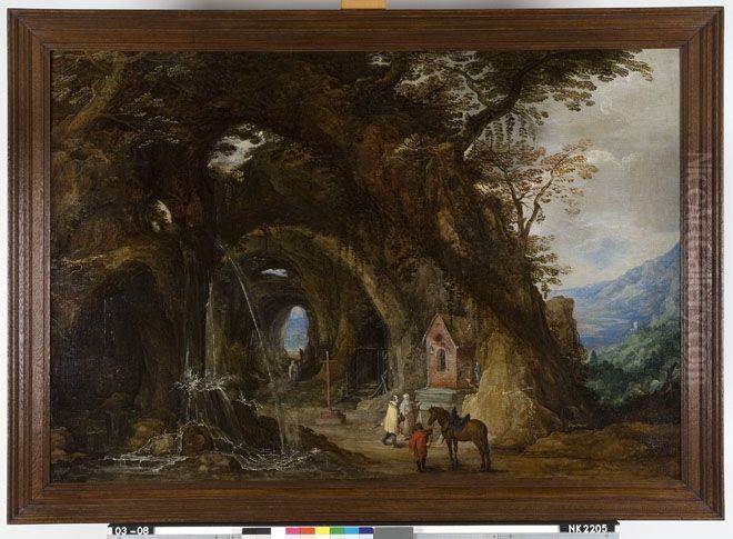 Berglandschap met reizigers bij een kapel Oil Painting by Joos de Momper the Younger