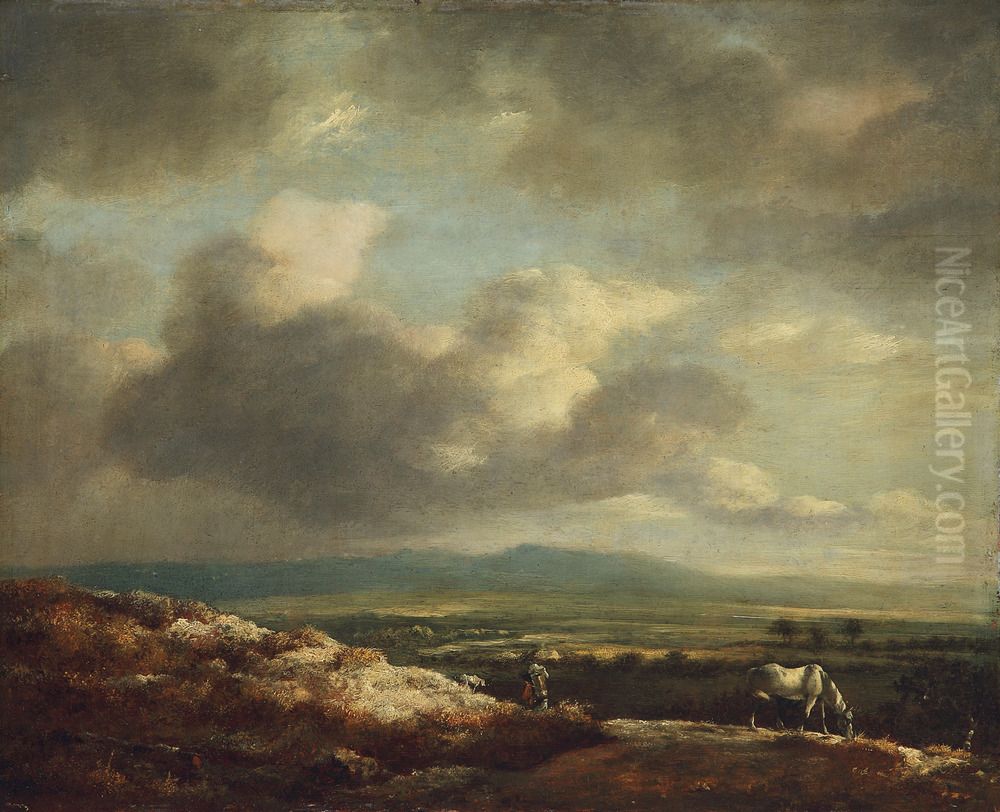 Vergezicht van een heuvelachtig landschap met wit paard Oil Painting by Jan Wouwerman